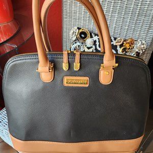 JOY & IMAN ~ Leather Black & Tan Satchel Handbag Purse ~ Large Capacity ~ NEW